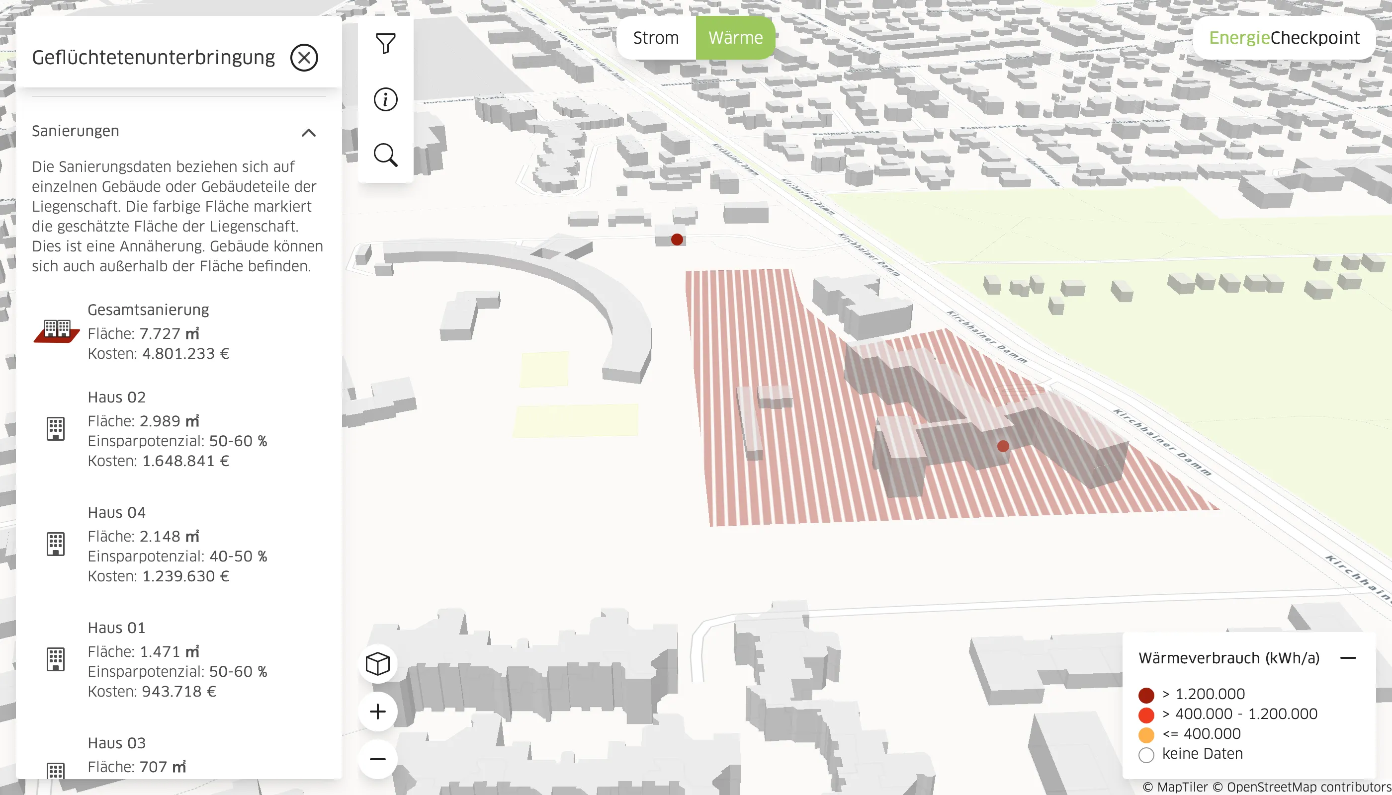 Für einzelne Gebäude, die einer Adresse annähernd zugeordnet werden können, existieren zudem Informationen zu Sanierungsfläche, Kosten und Einsparpotentialen.